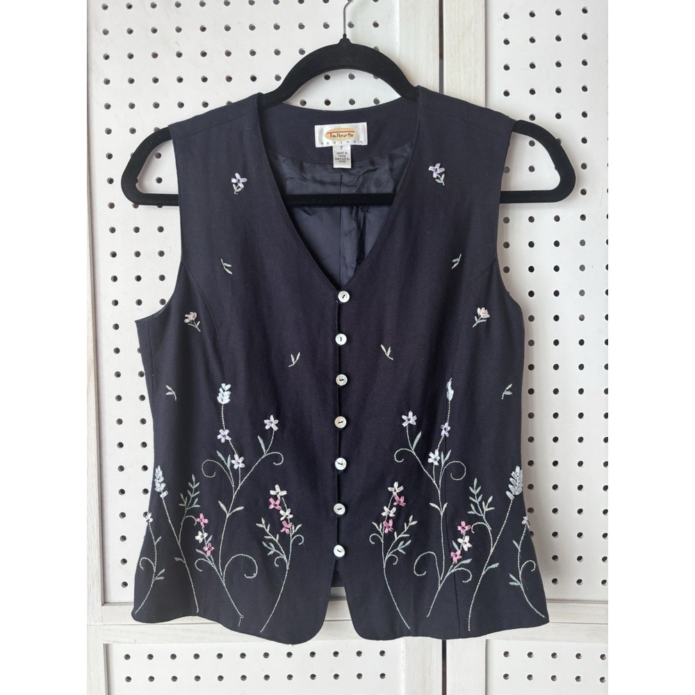 Talbots Women's XSP Embroidered Button Front Navy Blue Vest Floral‎ Rayon Linen